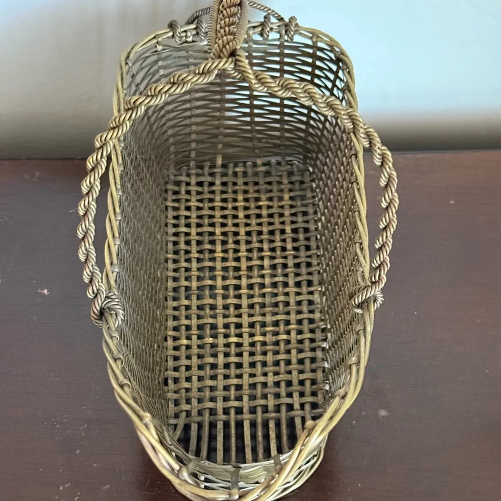 Antique French Brass Gold‎ Woven Basket wine holder caddy